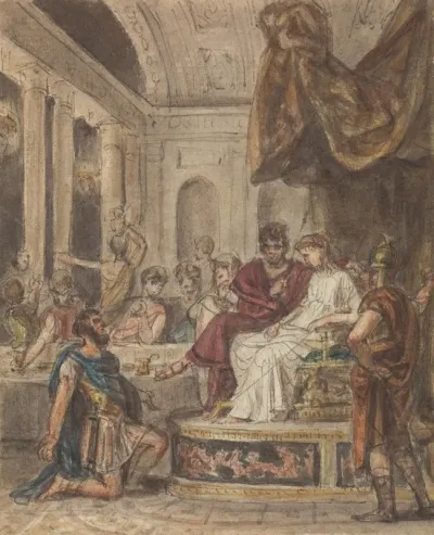 Banquet Scene With A Roman Soldier Kneeling To A Famale Figure Sitting On A Throne