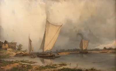 Barges By The Banks Of River Elbe