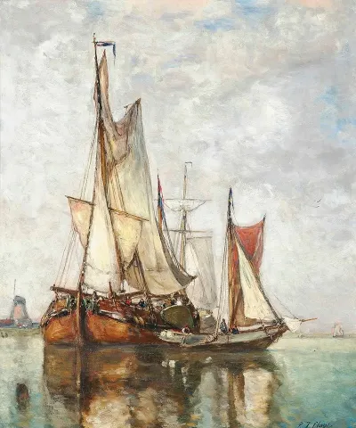 Barges Moored Before A Windmill