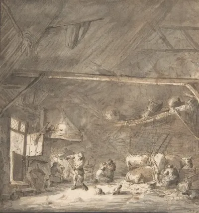 Barn Interior With Peasants And Cows