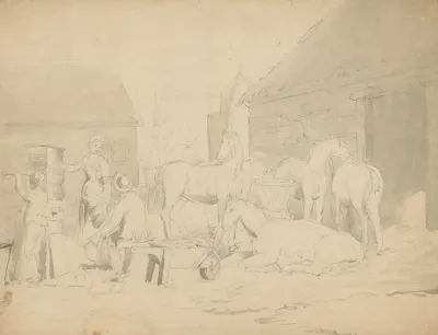 Barnyard Scene With Three People By Well And Horses