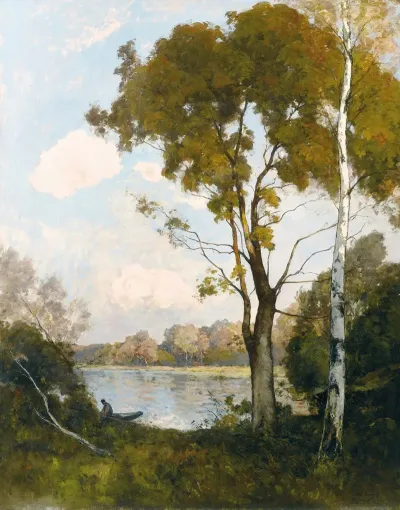 Barque Au Soleil Couchant Deux Grands Arbres A Droite