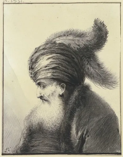 Bartiger Alter Mit Turban Mit Zwei Langen Federn Im Profil Nach Links