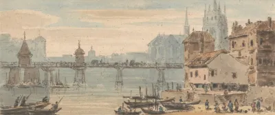 Basel Bridge Center Quayside With Figures And Shipping Right With Cathedral Rising Behind Buildings