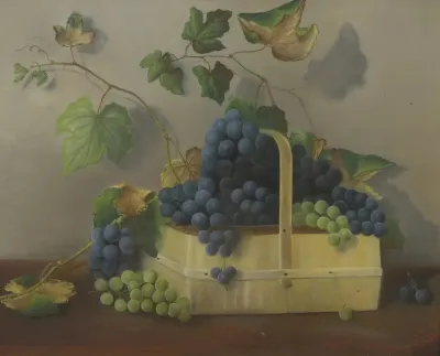 Basket Of Grapes With Leafy Vines