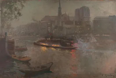 Bateau Mouche Sur La Seine Le Soir Devant Notre Dame
