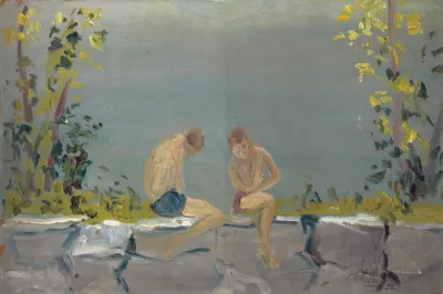 Bathing Boys On A Wall At A Lake