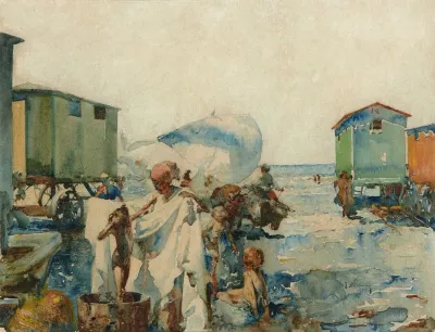 Bathing On The Beach Beside The Carts