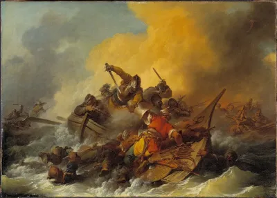 Battle At Sea Between Soldiers And Oriental Pirates