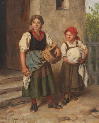 Bauerin Mit Dirndl Vor Dem Waschhaus