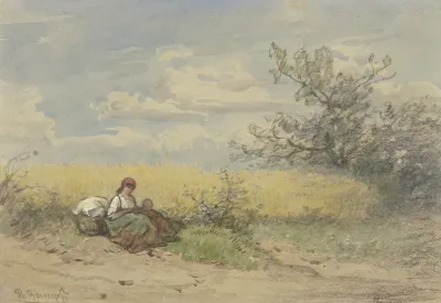 Bauerin Mit Kind Vor Einem Reifen Kornfeld Ruhend 2
