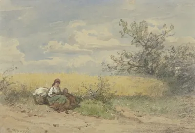 Bauerin Mit Kind Vor Einem Reifen Kornfeld Ruhend