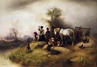 Bauernfamilie Bei Der Kornernte Und Kavallerie
