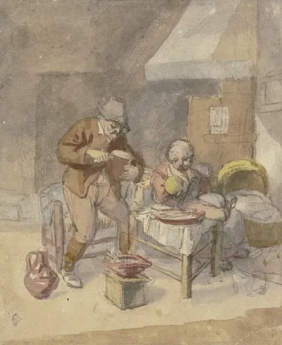Bauernfamilie Mit Zwei Kindern Bei Der Mahlzeit