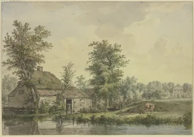 Bauernhaus Am Wasser Bei Einem Schubkarren Eine Kuh