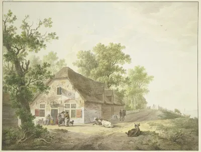 Bauernhaus Am Weg Auf Dem Funf Kuhe Und Ein Reiter Sind Vor Dem Haus Funf Figuren Und Ein Hund