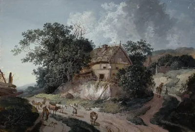 Bauernhaus Unter Baumen An Einer Weggabelung