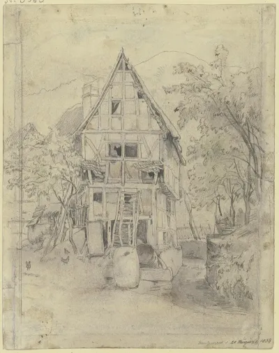 Bauernhaus Unter Baumen Davor Einige Fasser Und Huhner