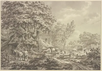 Bauernhof Im Wald Mit Vielem Vieh In Der Ferne Ein Heuwagen Rechts Ein Pferd