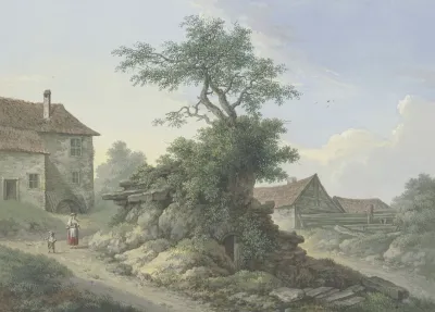 Bauernhof In Der Mitte Ein Baum Auf Einer Kellerruine