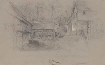 Bauernhof Links An Den Stallen Bei Dem Mist Steht Ein Leiterwagen Rechts Das Wohnhaus Mit Zaun Im Hintergrund Baume