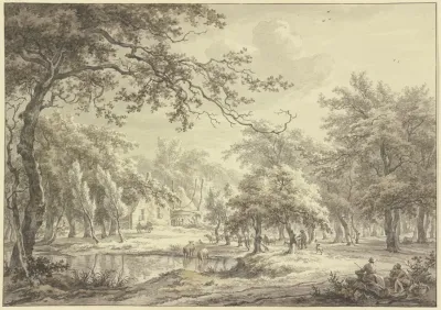Bauernhof Mit Grosem Heuhaufen In Einem Wald Im Mittelgrund Schafe An Einem Weiher