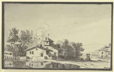Bauernhof Von Baumen Umgeben Am Ufer Eines Teiches