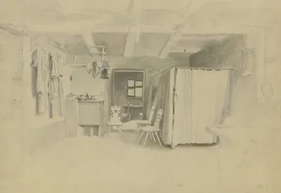 Bauernstube Rechts Das Bett Mit Vorhang An Der Wand Hangt Ein Paar Stiefel Links Der Ofen An Der Wand Hangen Verschiedene Kleider