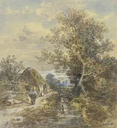 Baum Und Bauernhaus Am Bach Mit Einer Frau