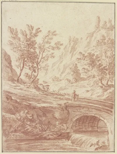 Baumbestandenes Tal Im Vordergrund Ein Bach Uber Den Eine Brucke Fuhrt