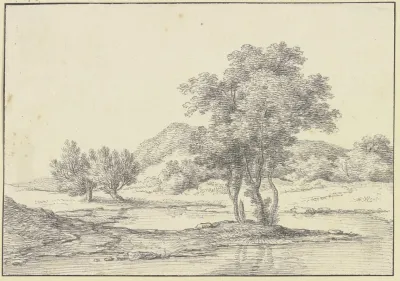 Baumgruppe Am Wasser Links Zwei Weidenbaume Im Hintergrund Berge
