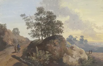Baumpartie Mit Felsen Zwischen Zwei Wegen Links Zwei Manner Einer Beritten Rechts Zwei Figuren Und Blick In Die Ferne