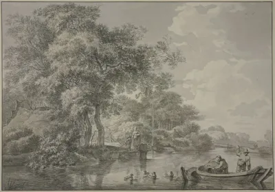 Baumpartie Mit Fischerhutten An Einem Fluss Rechts Im Vordergrund Ein Kahn Mit Zwei Mannern Die Reusen Legen Dabei Vier Schwimmende Enten