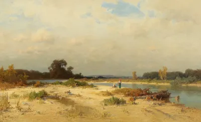 Bavarian River Landscape With Women Gathering Wood