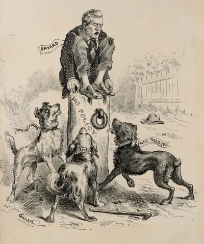 Bayard Crouching Atop Tree Stump No Policy Terrorized By Three Angry Dogs Tariff Reformer Protectionist Free Trader