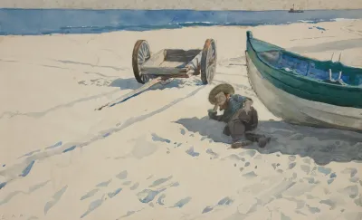 Beach Scene With Man Resting In Shadow Of Boat