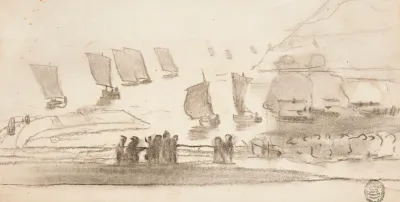 Beach Scene With People And Fishing Boats Cullercoats England