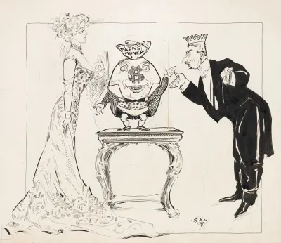 Beautiful Young Woman And A Crowned Gentleman Greeting Money Bag On Table