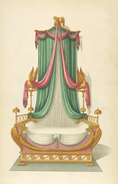 Bed With Green And Pink Drapery And Ornimental Eagles