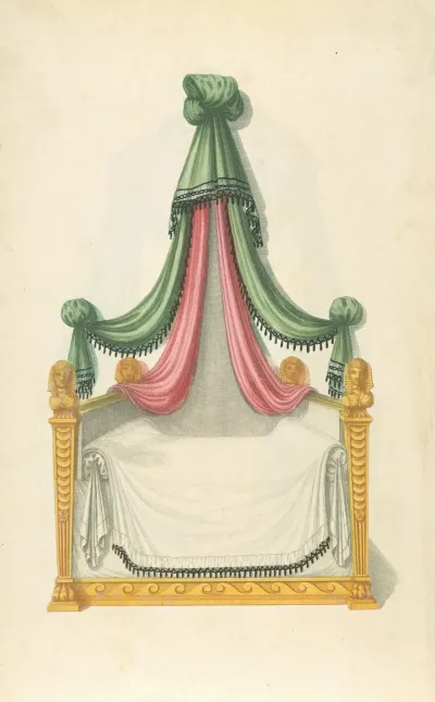 Bed With Green And Pink Drapery