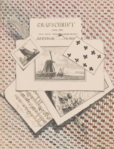 Bedriegertje Met Prenten Een Grafschrift Blad Muziek Speelkaart En Veer