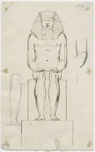 Beeld V E En Face Zittende Egyptische Koning