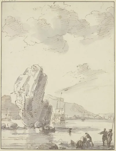 Bei Einem Grosen Fels Ein Boot Weiter Hinten Ein Groses Schiff