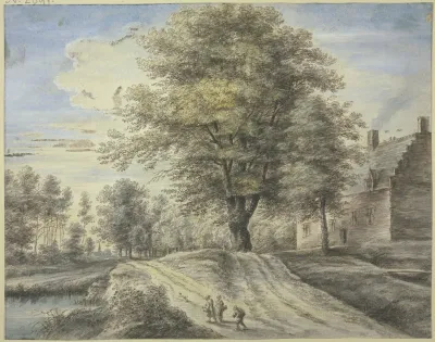 Bei Einem Haus Ein Groser Baum Vorne Drei Figuren Und Ein Hund