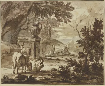 Bei Einem Monument Mit Einer Grosen Vase Ein Hirte Mit Schafen