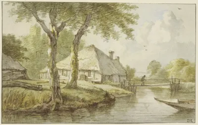 Bei Zwei Baumen Ein Haus Am Wasser Ein Steg Rechts Die Spitze Eines Kahnes 2