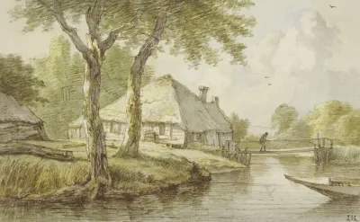 Bei Zwei Baumen Ein Haus Am Wasser Ein Steg Rechts Die Spitze Eines Kahnes