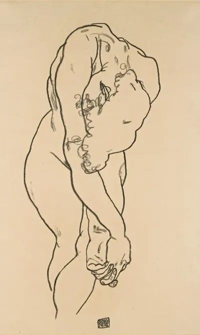 Bending Woman With Head Bowed And Crossed Hands