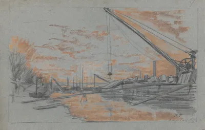 Bercy Paris Bord De Seine Avec Chalands A Lancre En Cours De Chargement Soleil Couchant