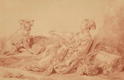 Bergere Assise Avec Son Chien